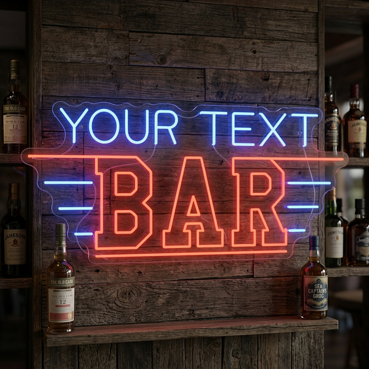 Close-up photograph of a custom neon sign displaying 'CUSTOM BAR' in bright yellow, illuminating a rustic wooden bar shelf with wine bottles.