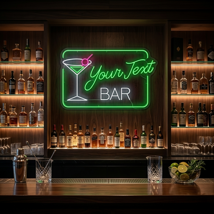 Vibrant custom neon sign displaying 'Cocktails' and 'Bar' with a glowing cocktail glass graphic, mounted in a modern home bar setting.
