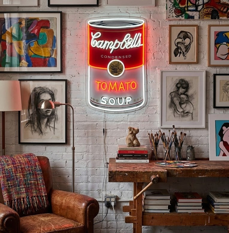 Pop art tomato soup neon sign displayed in an artist studio