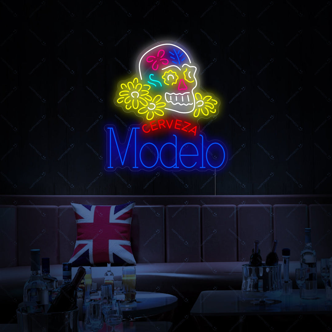 "Cerveza Modelo Skull" Neon Sign