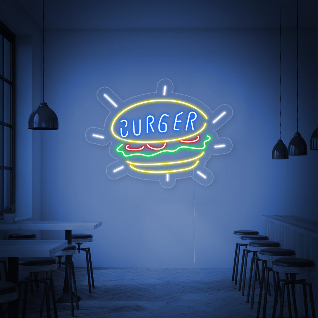 "Burger Shop Open" Neon Sign, Burger Neon Sign, Hamburger Logo Neon Sign