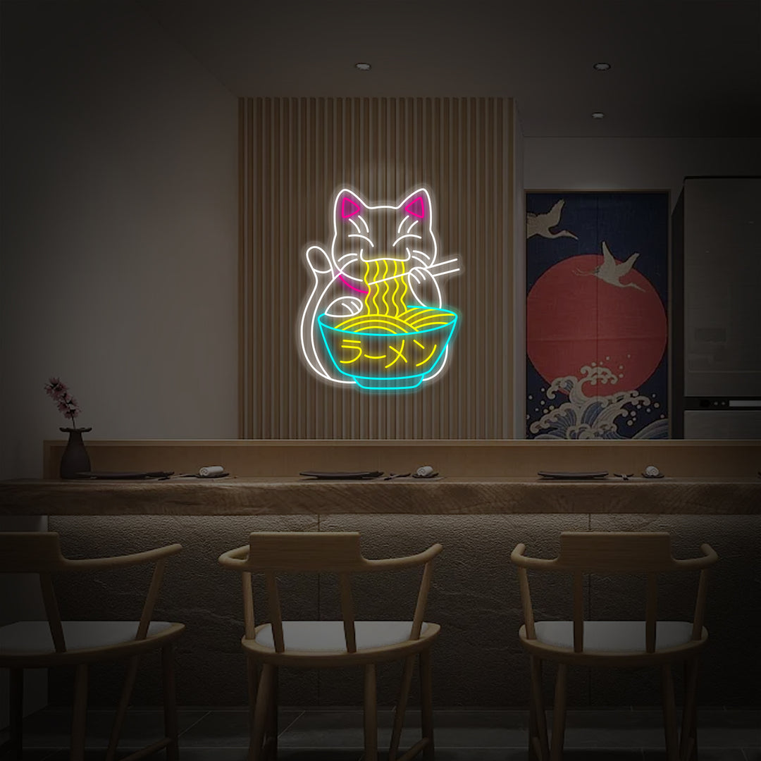 "Fortune Cat" Neon Sign, Ramen Cat Neon Sign, Japanese Noodles Neon Sign