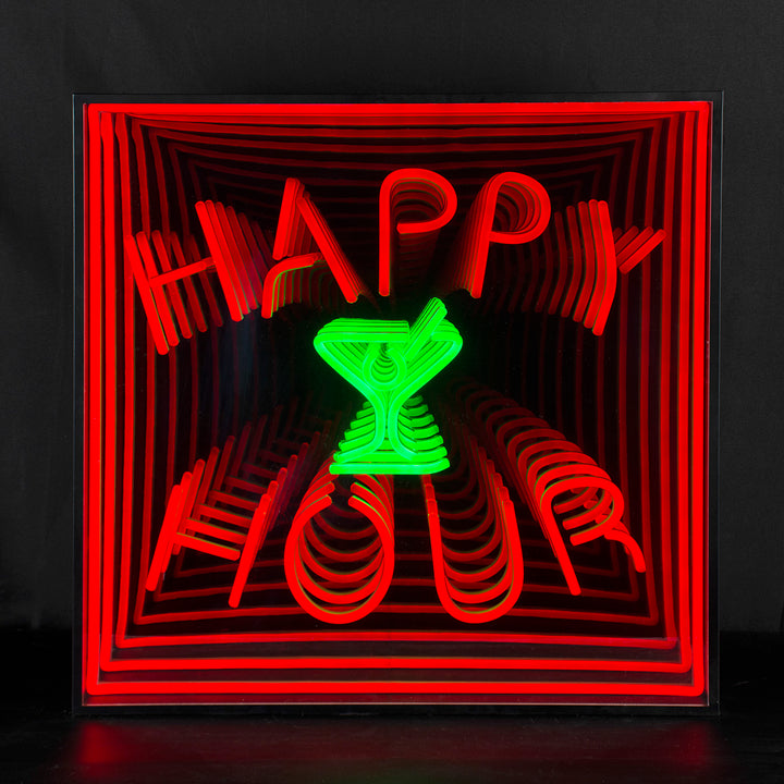 "Happy Hour" 3D Infinity LED Neon Sign, Happy Hour Bar Neon Sign