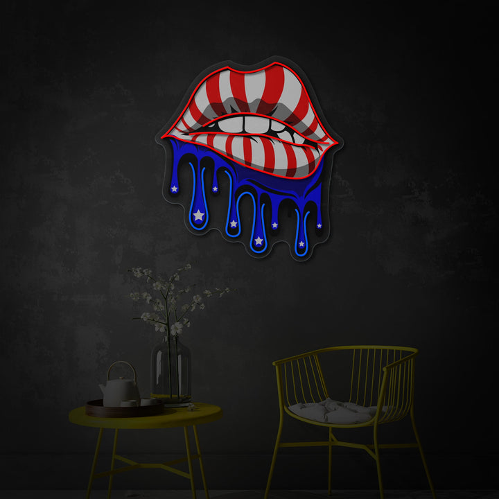 "Lips With American Flag Dripping" UV Print LED Neon Sign