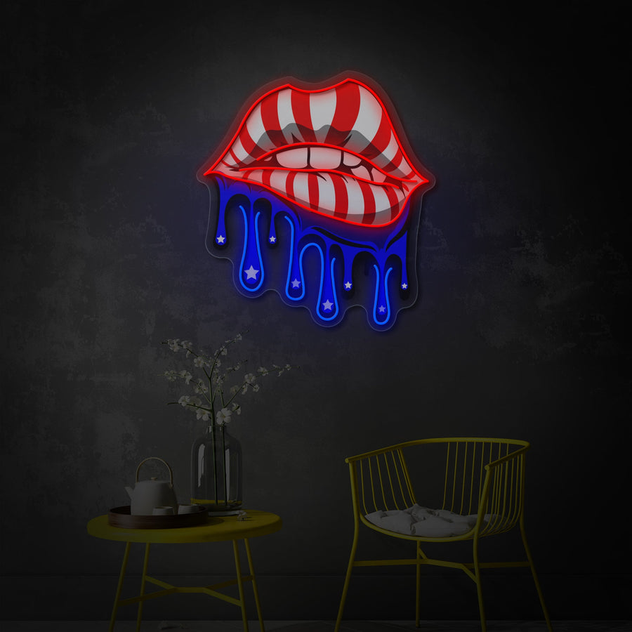 "Lips With American Flag Dripping" UV Print LED Neon Sign