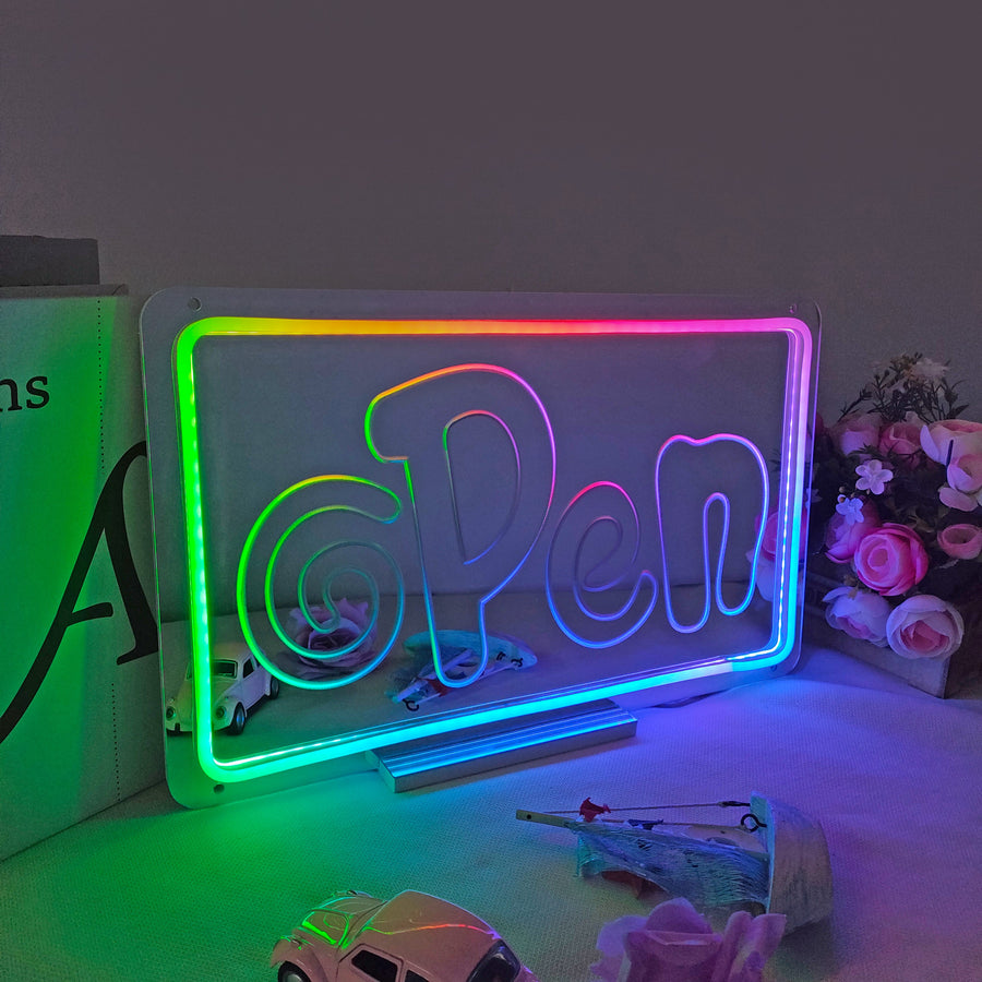 "Open Sign, Dreamy Color Changing" Mirror Neon Sign
