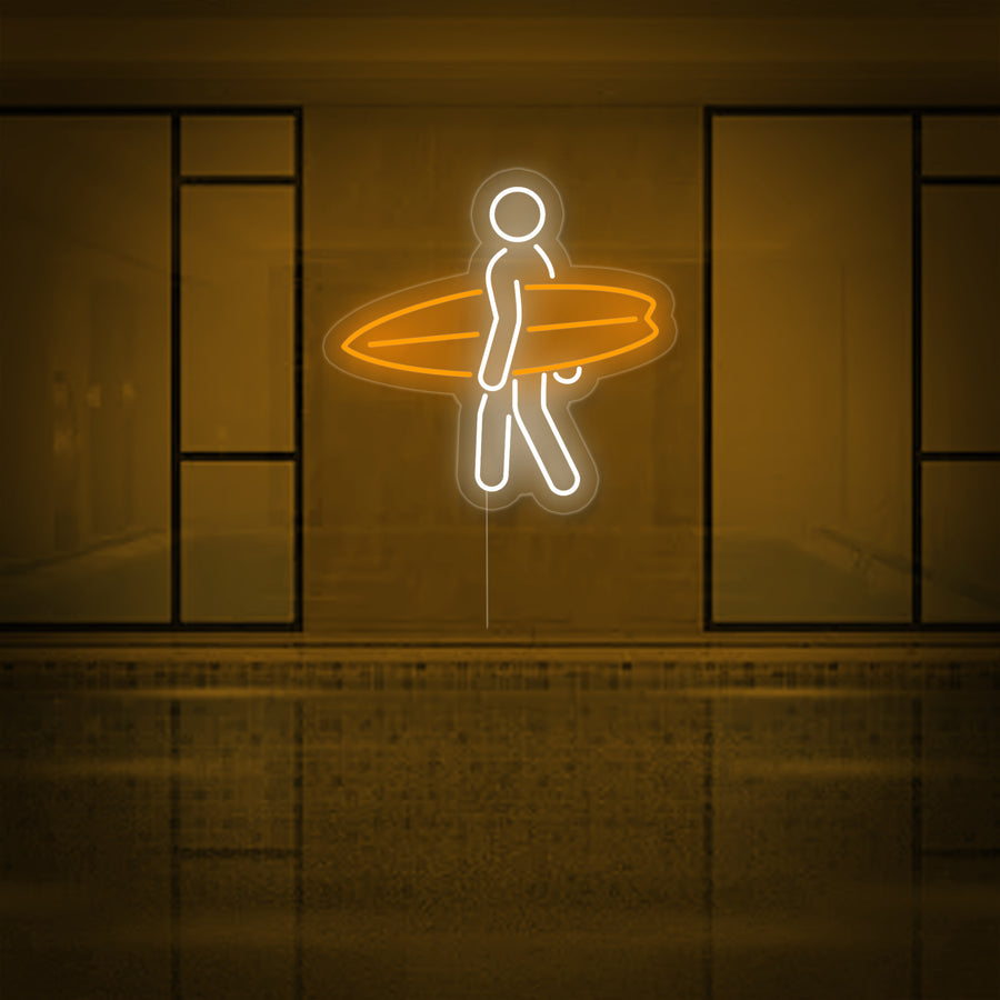 "Stick Man Carrying Surfboard Surfing Sport" Neon Sign