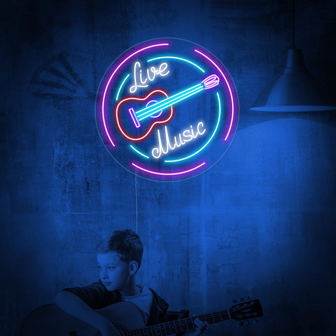 "Live Music Guitar" Neon Sign, Music Neon Sign, Music Room Neon Light