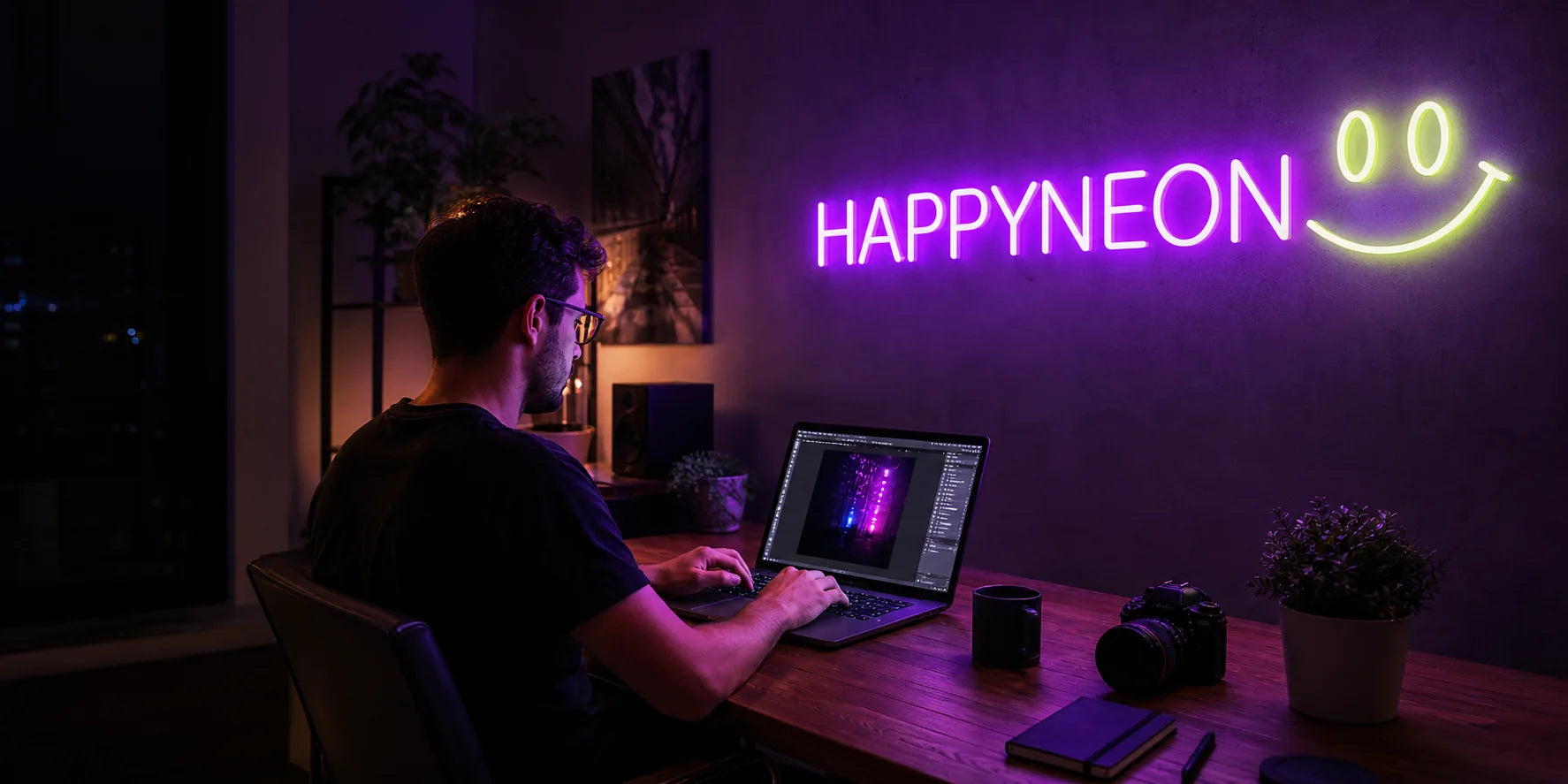 A creator working beneath a glowing HAPPYNEON logo sign as the neon light powers on