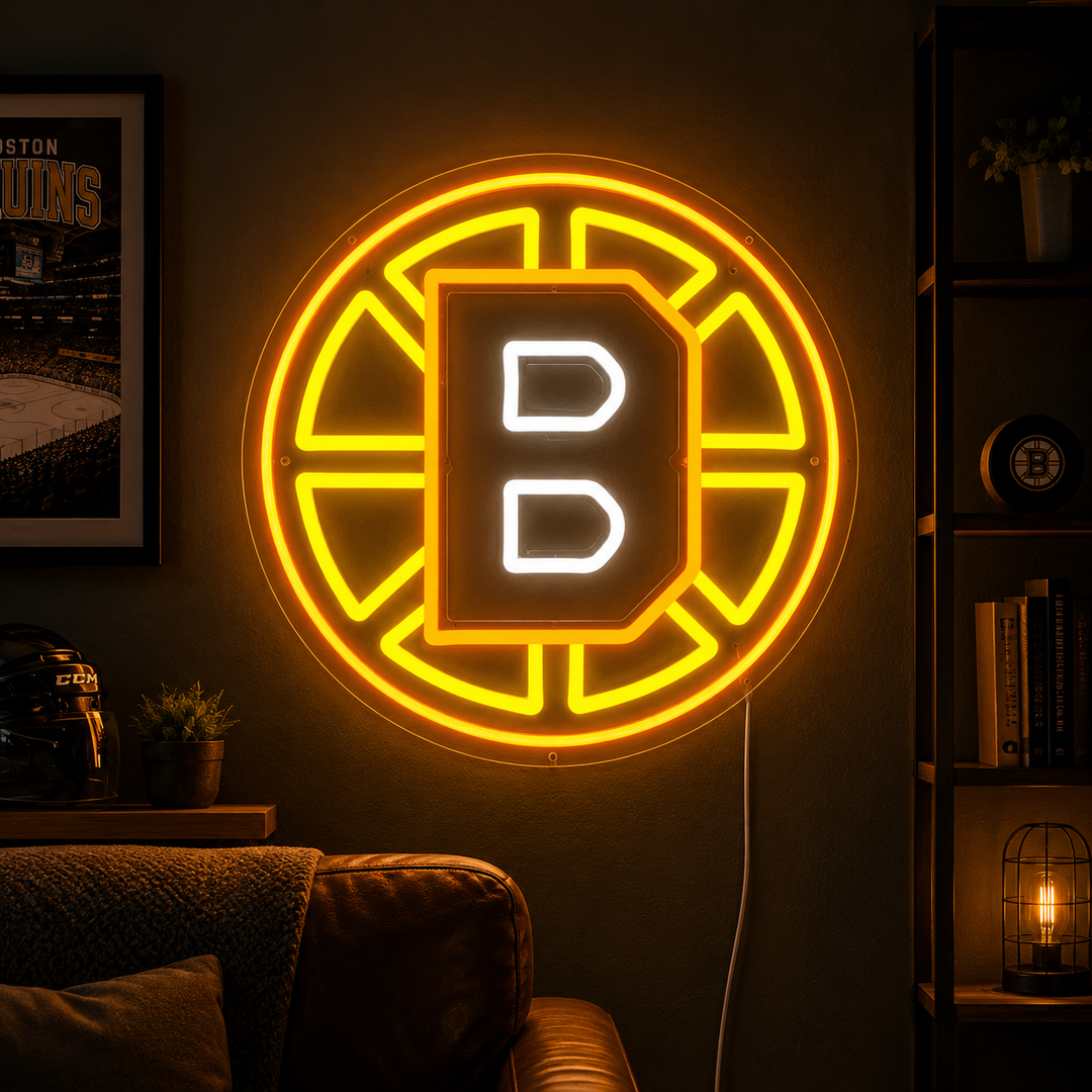 Boston Bruins Neon Sign Decor: Black-and-Gold Hockey Energy