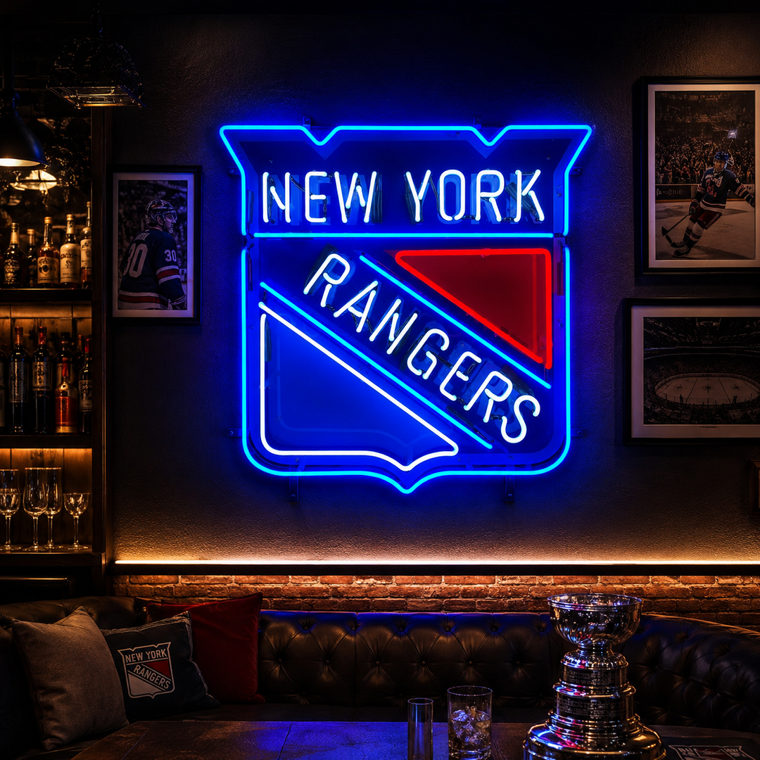 Broadway Blue in Neon: 4 Rangers Neon Signs for a Garden-Style Hockey Room