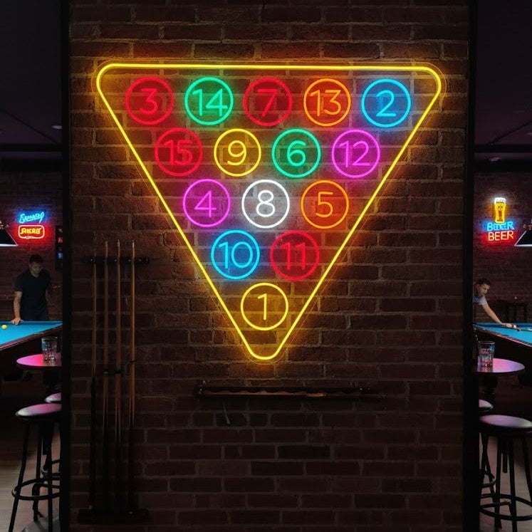 Vibrant red 15 Ball Billiards Neon Sign glowing in a dark room above a pool table.