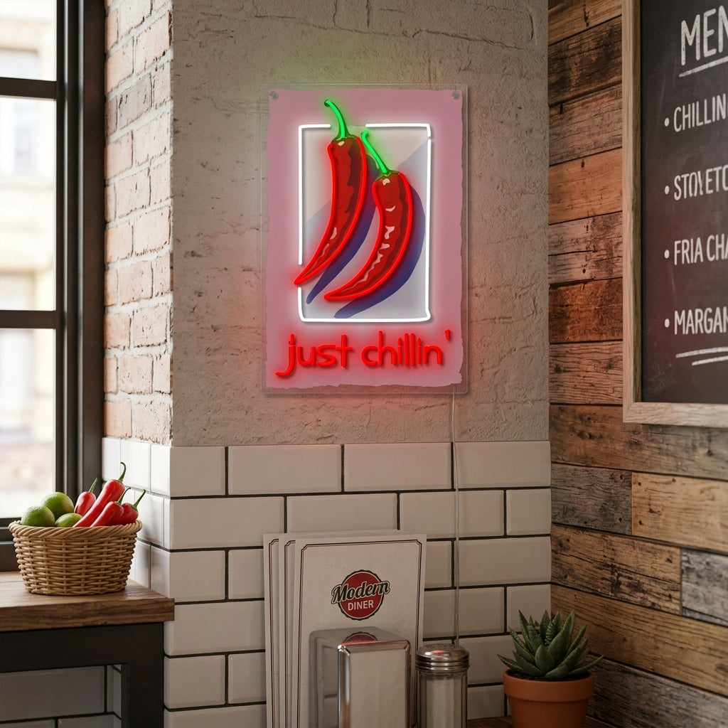 A cozy living room setting featuring a lit 'Just Chillin' neon sign mounted on the wall above comfortable seating, creating a relaxed atmosphere.