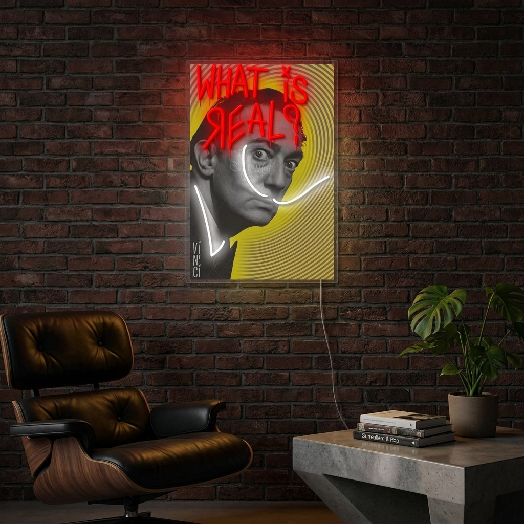 Philosophical 'What Is Real?' neon sign illuminated on a exposed brick wall in a cozy living room, next to a comfy armchair and bookshelf.