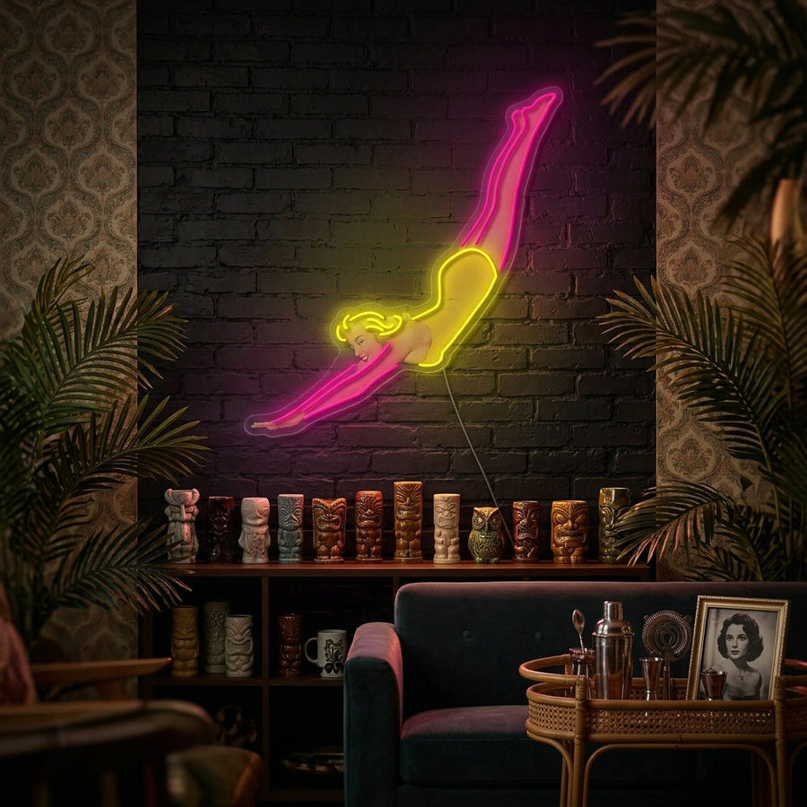 A stylish interior featuring a glowing Retro Diving Lady neon sign on the wall, adding a vintage vibe to the room.