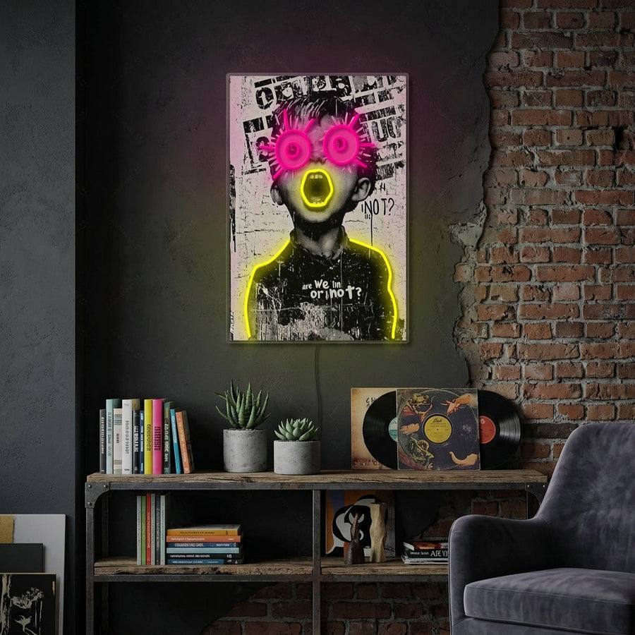 A candid style lifestyle photo showing the 'Are We In or Not?' neon sign glowing warmly in a beautifully decorated modern living room, styled with curated items and soft background lighting.