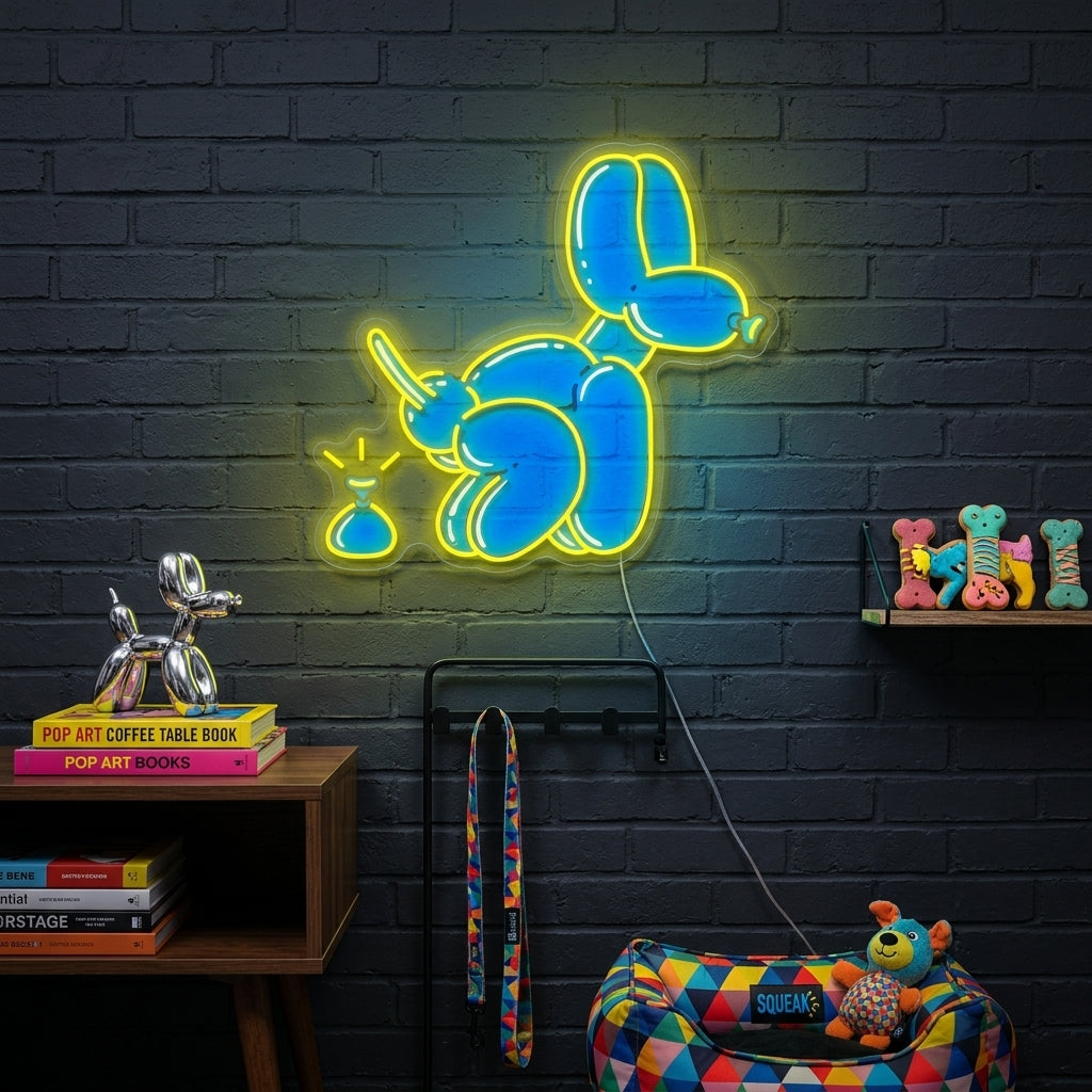 Balloon Dog Poop Joke neon sign displayed on a living room wall as humorous Pop Art decor