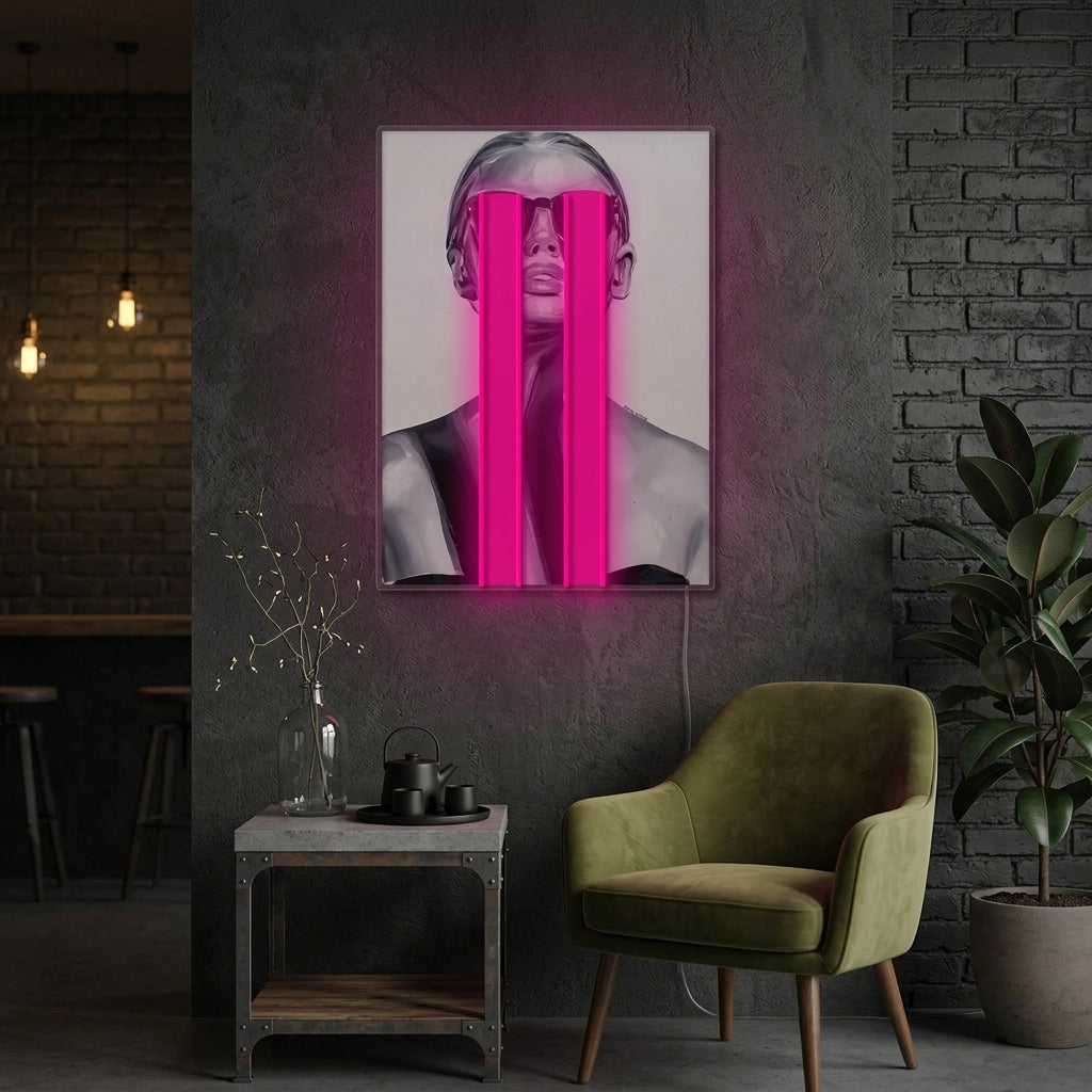 A lifestyle mockup showing the 'Masked Muse' neon sign glowing with bright pink bars over a mysterious portrait on a stylish gallery wall.