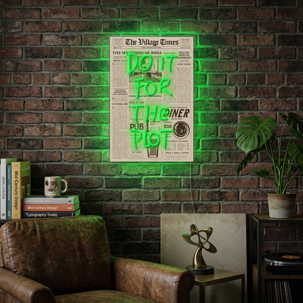A stunning AI-generated lifestyle image showcasing the 'DO IT FOR THE PLOT' neon sign hanging above a comfortable sofa, casting a warm glow on the surroundings.
