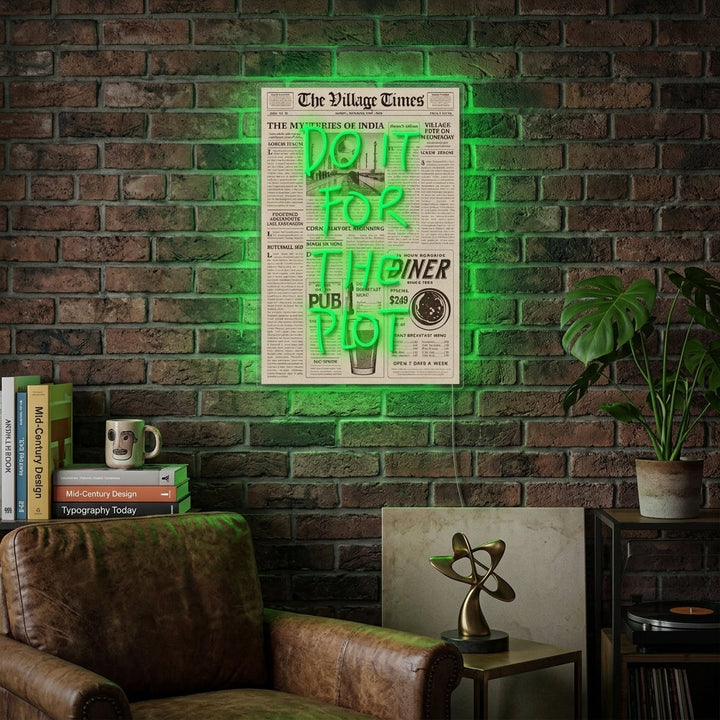 A stunning AI-generated lifestyle image showcasing the 'DO IT FOR THE PLOT' neon sign hanging above a comfortable sofa, casting a warm glow on the surroundings.