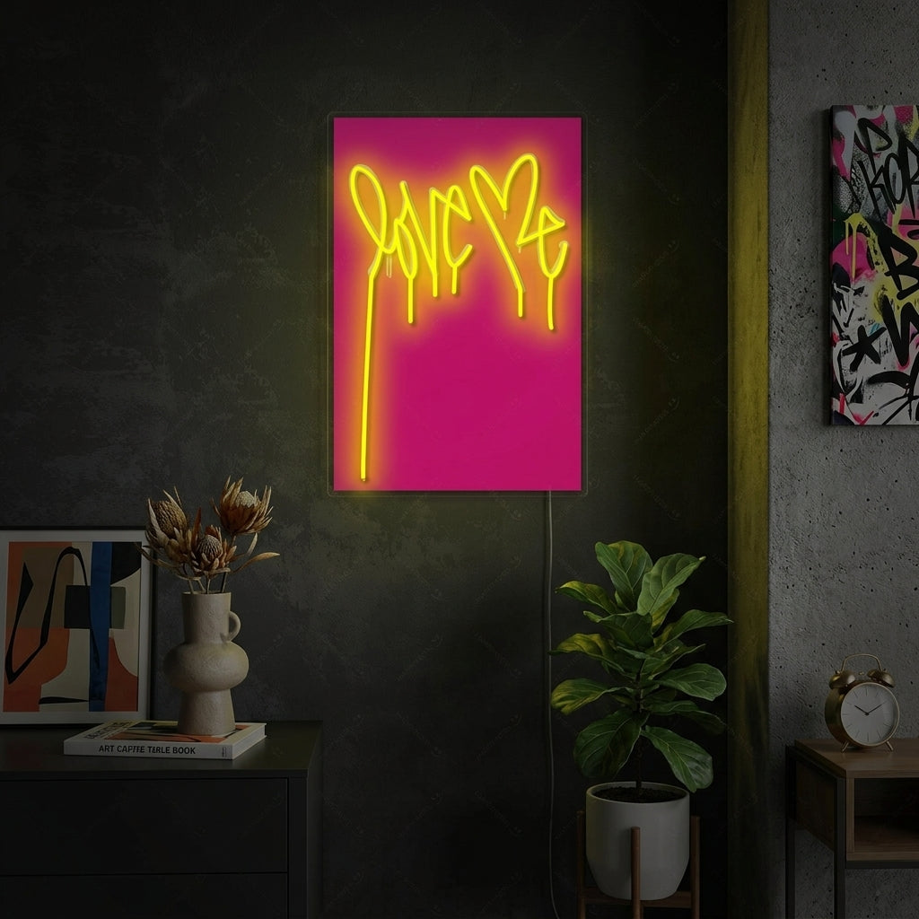 A glowing 'Love Me' neon sign in a contemporary living space, creating a warm and romantic mood.