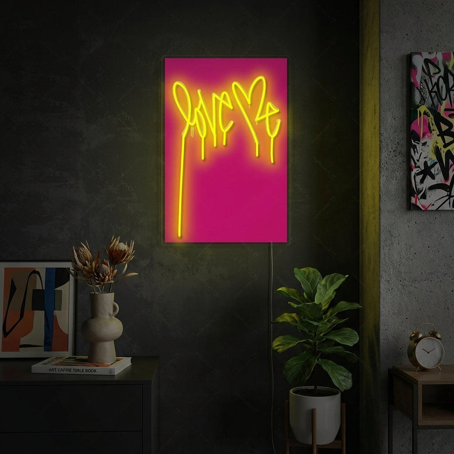 A glowing 'Love Me' neon sign in a contemporary living space, creating a warm and romantic mood.