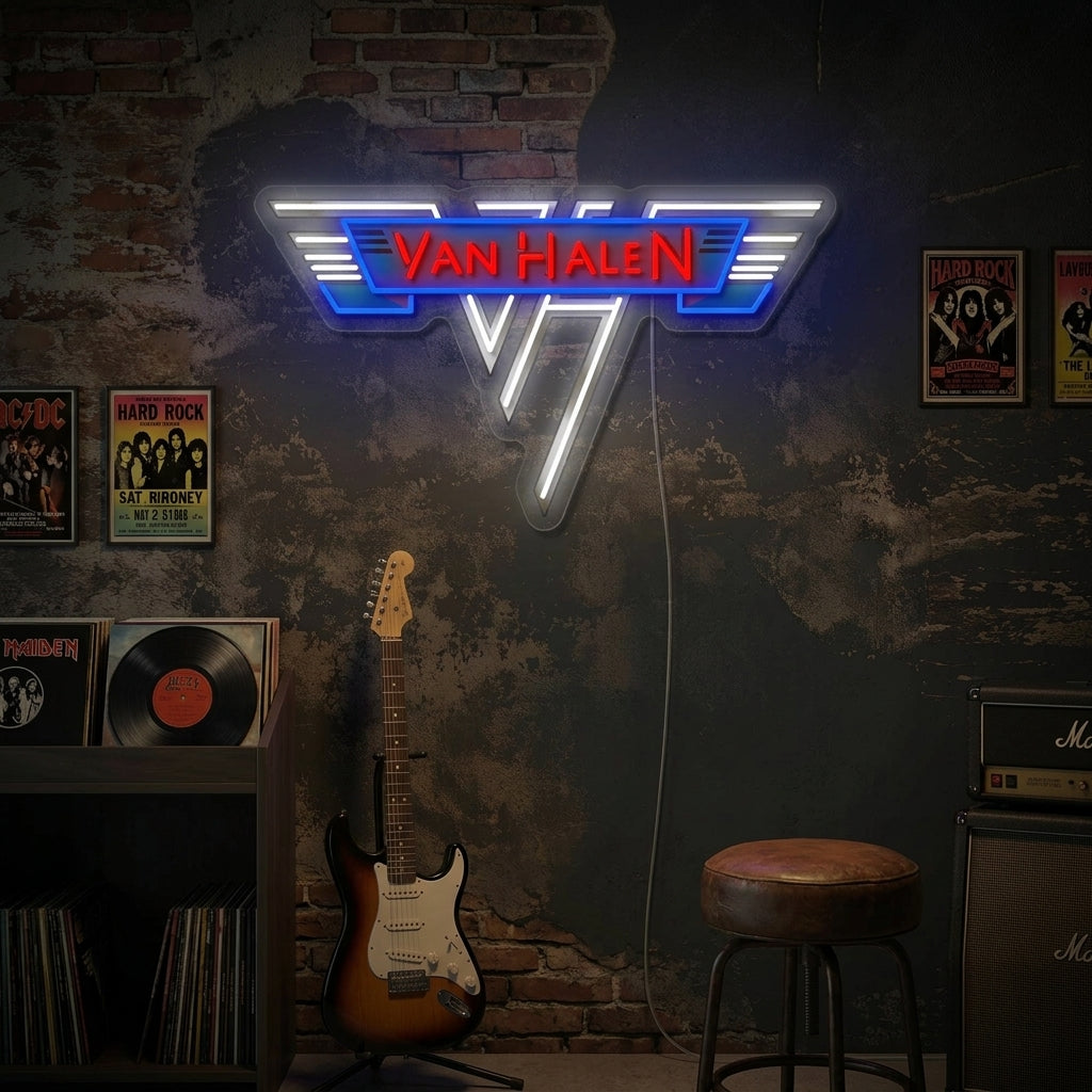 A vibrant Van Halen logo neon sign glowing brightly on an exposed brick wall, creating a classic rock atmosphere in a modern room setting.