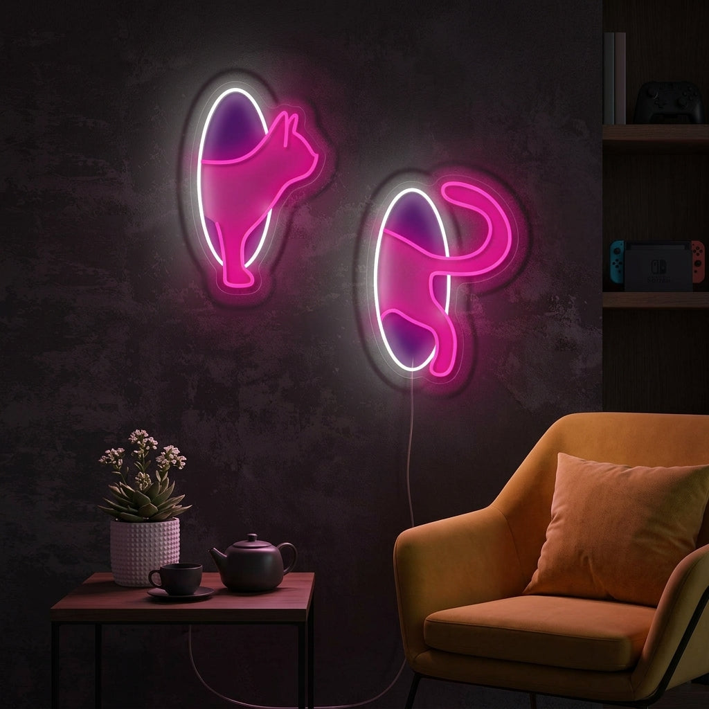 A cozy, modern living room mockup featuring the illuminated Cat in Portal neon sign on a textured wall, surrounded by plants and bookshelves.