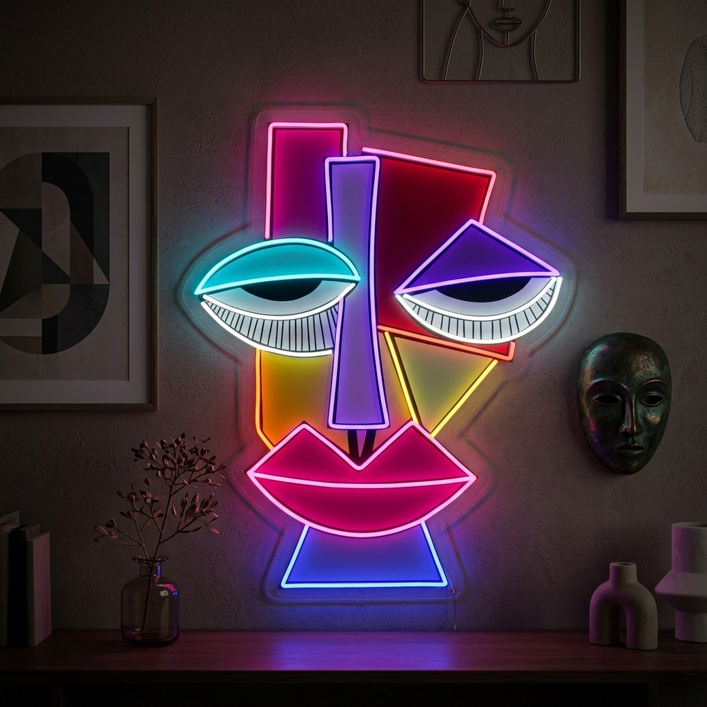 Abstract face neon sign inspired by Picasso Cubism, displayed on a textured wall.