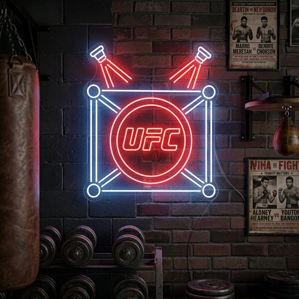 UFC Octagon neon sign hanging in a modern living room setting