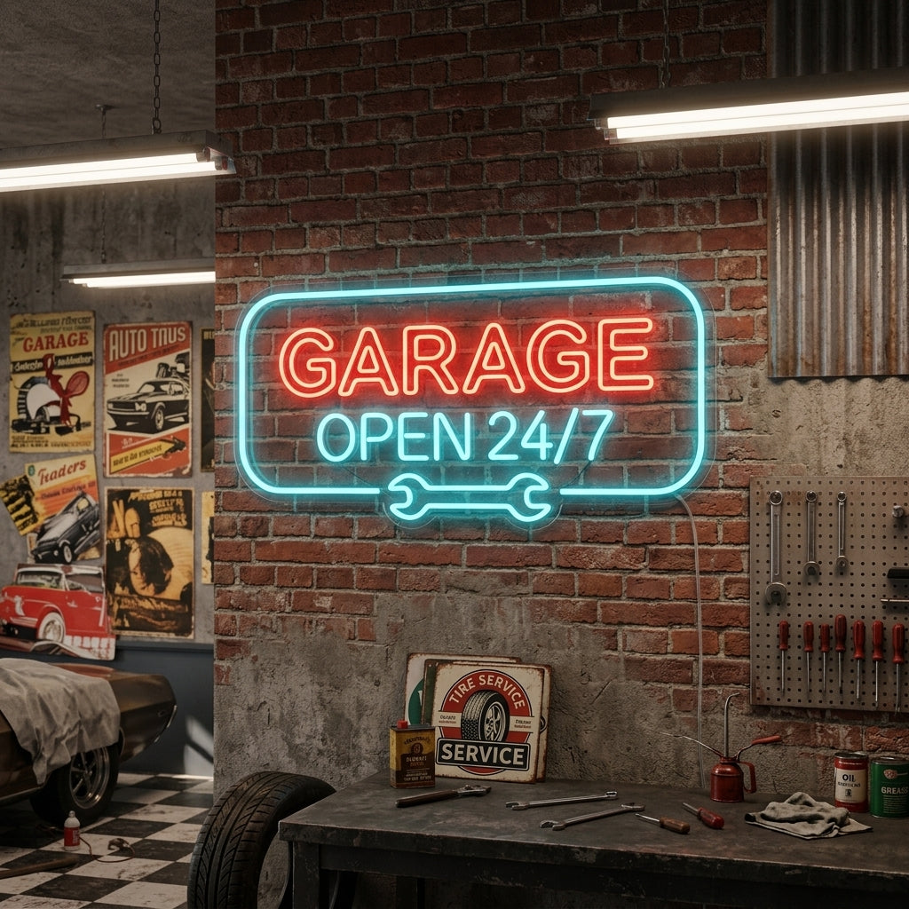 A lifestyle mockup showing the Garage Open 24/7 neon sign illuminated on a wall above tools in a garage setting.