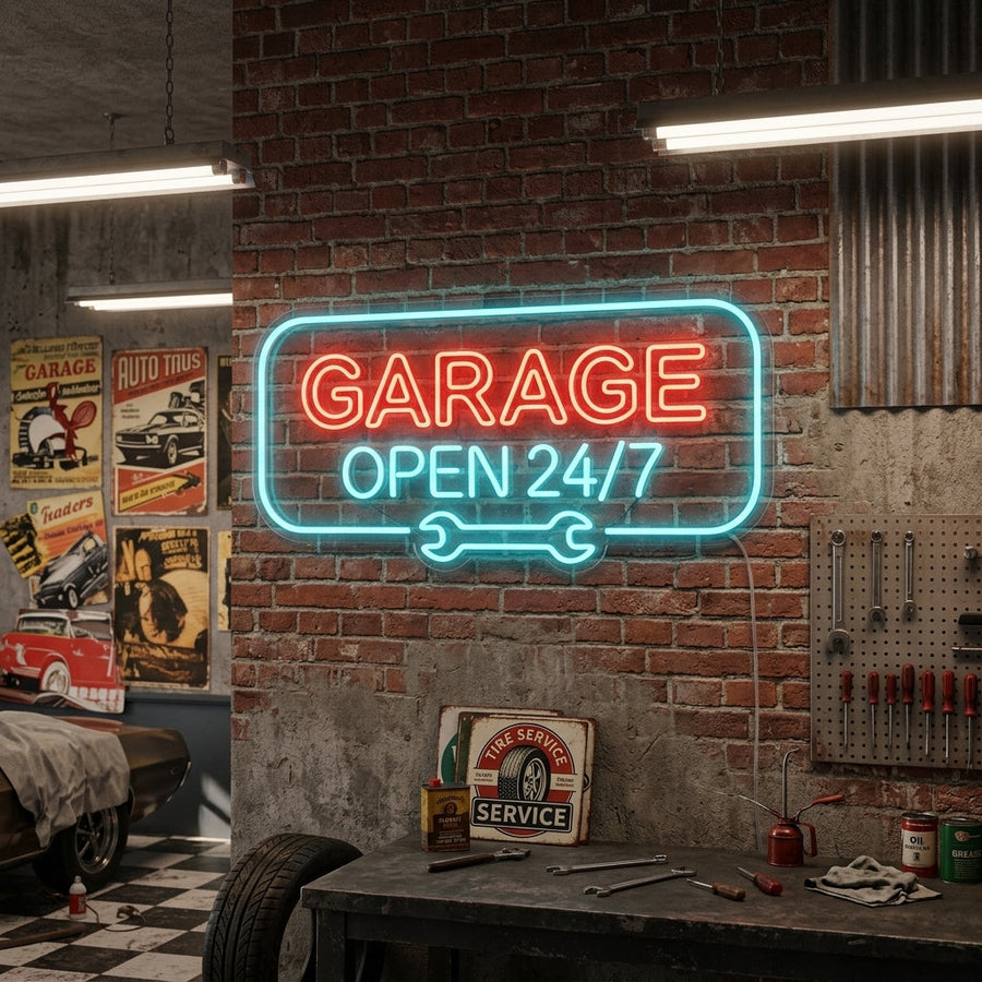 A lifestyle mockup showing the Garage Open 24/7 neon sign illuminated on a wall above tools in a garage setting.