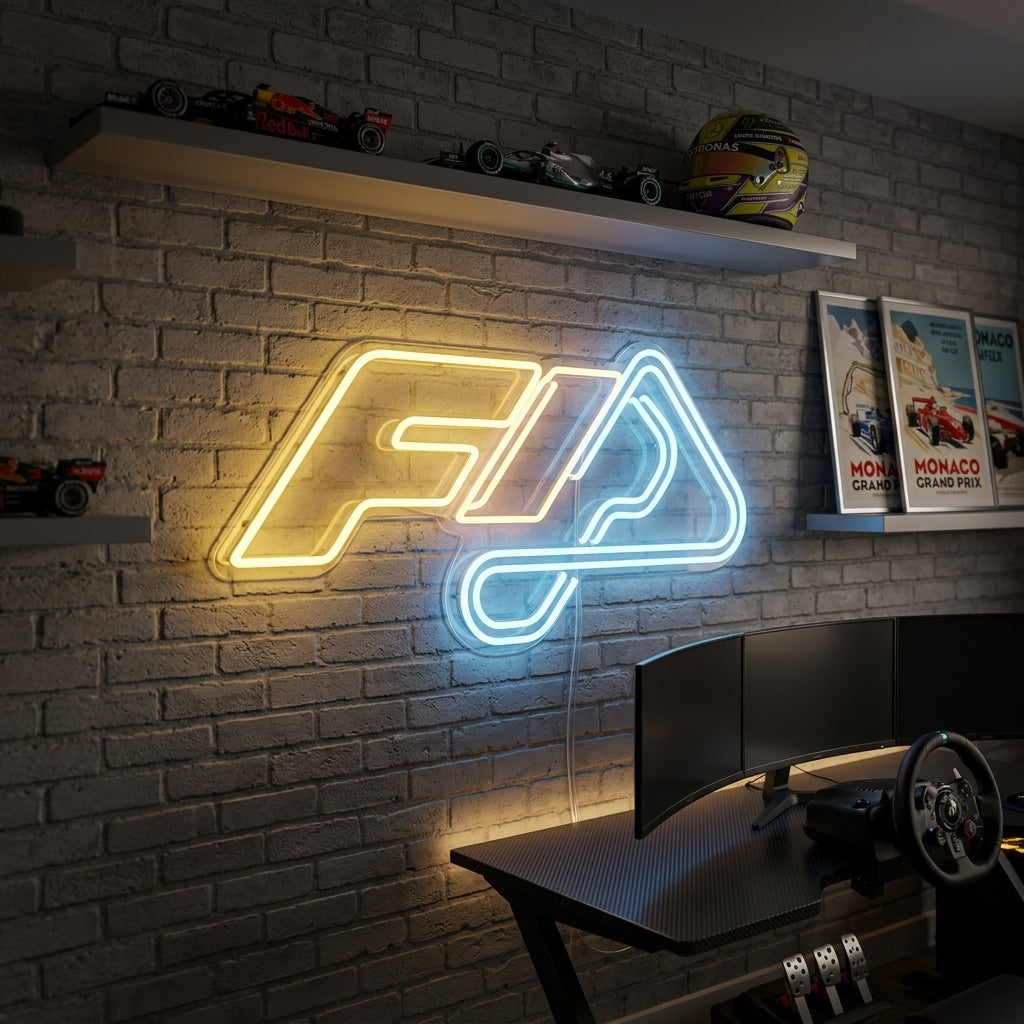 A lifestyle mockup showing the F1 Formula 1 racing logo neon sign glowing in blue and yellow above a computer desk in a modern room setup.