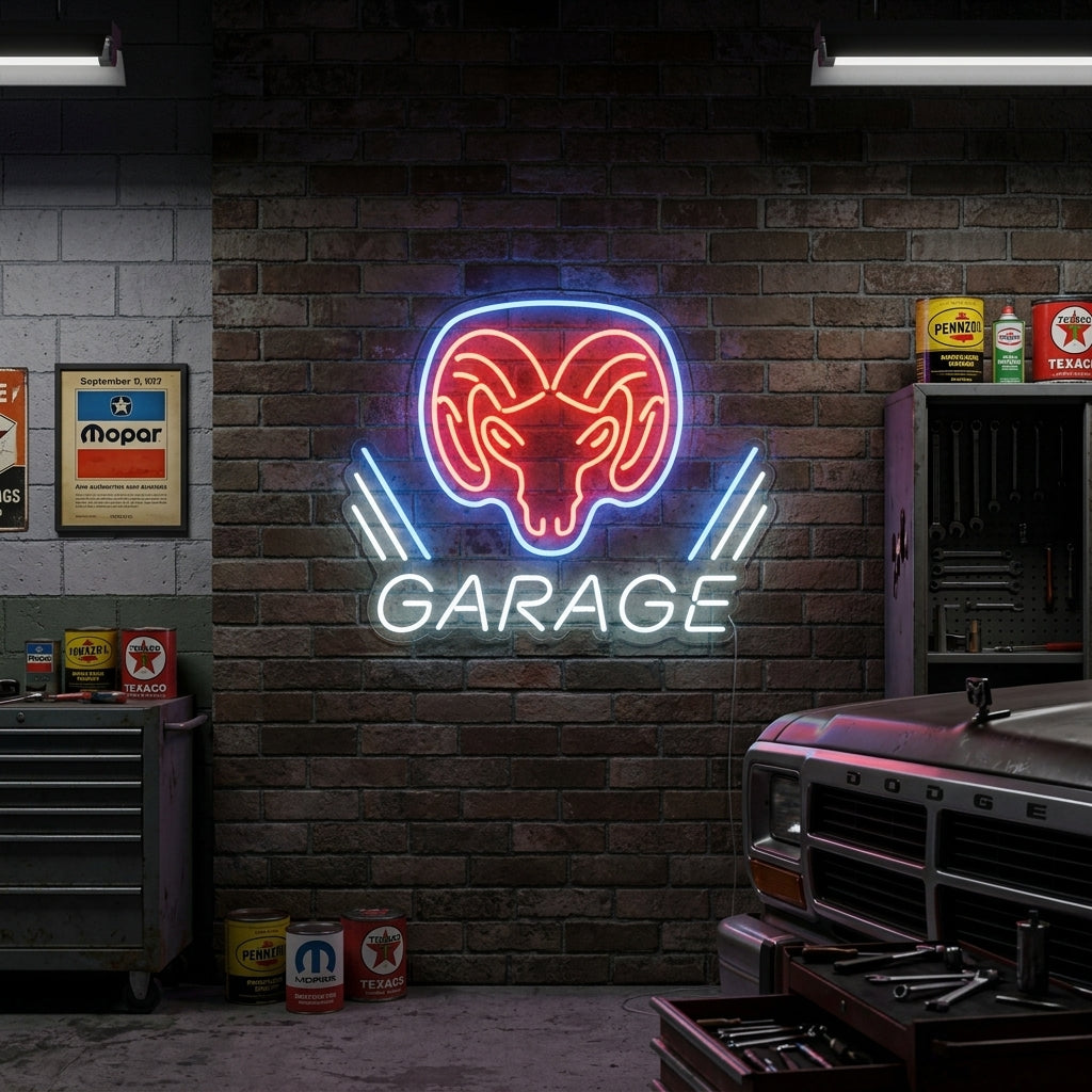 A lifestyle mockup showing the Dodge Ram Garage neon sign lit up and hanging on a rustic brick wall within a car enthusiast's garage setup, surrounded by tools and equipment.