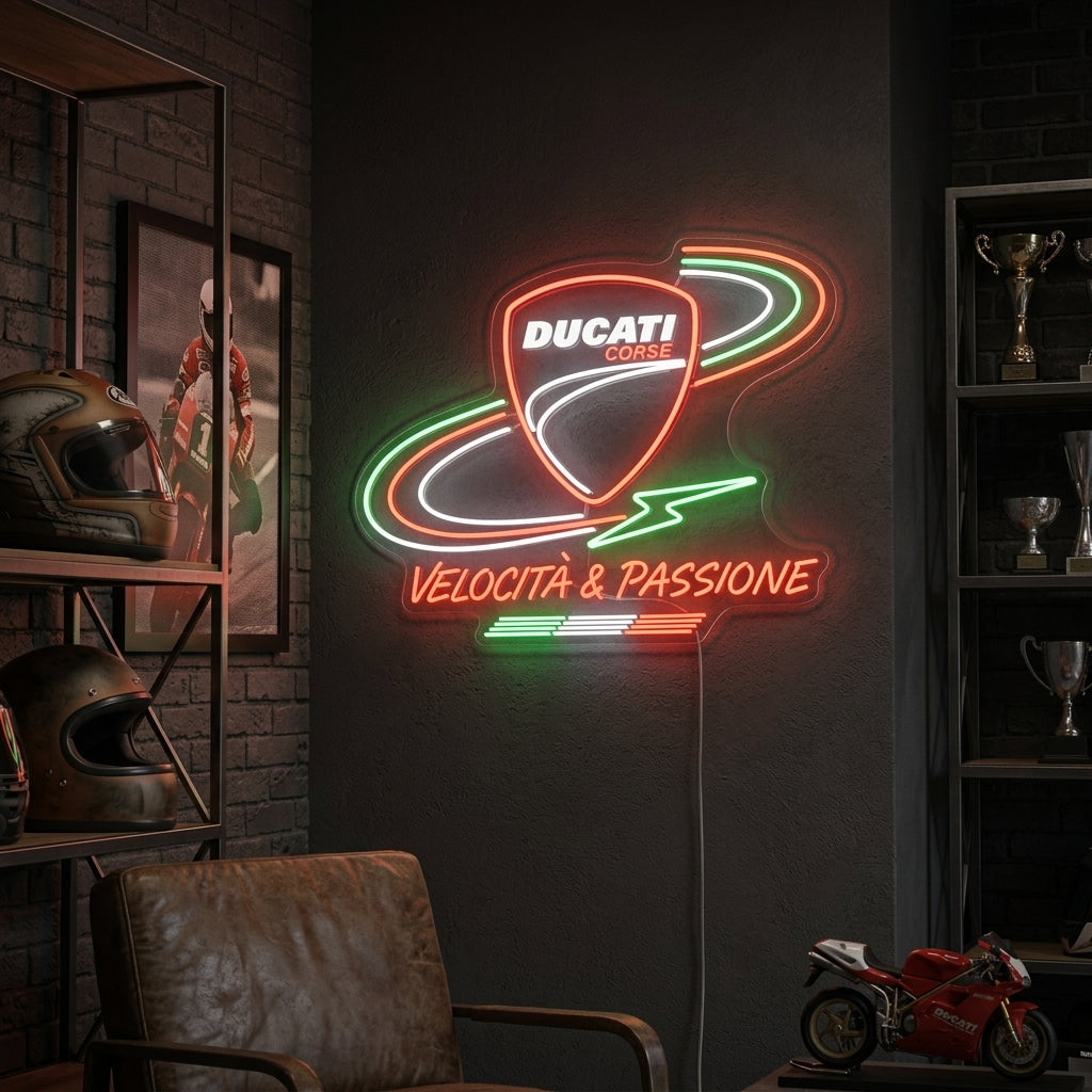 A lifestyle mockup of a glowing red and white Ducati Corse Racing neon sign illuminating a garage-style room.