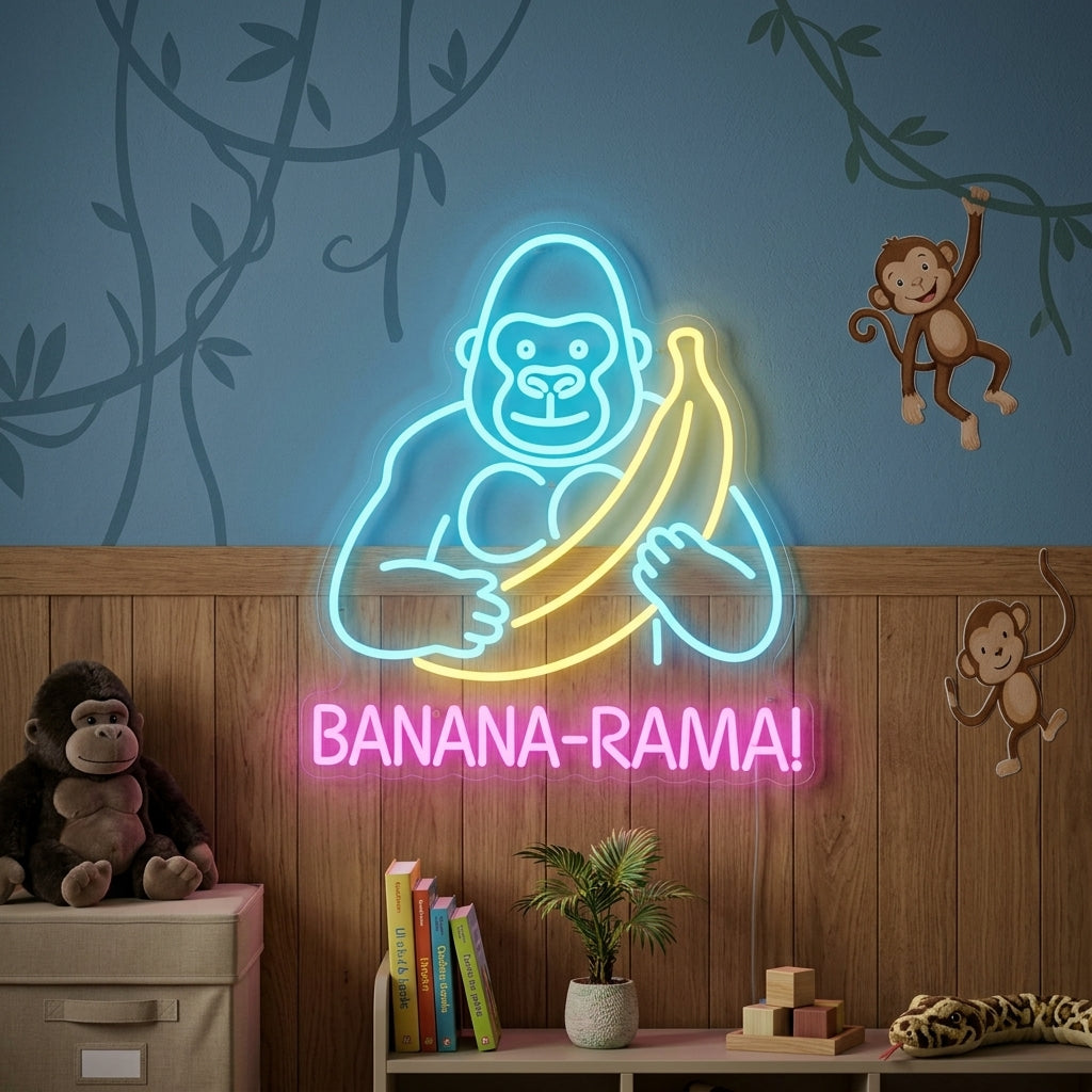 A lifestyle mockup showing the pink glowing "Banana-Rama" gorilla neon sign on a styled bedroom wall, creating a playful atmosphere.