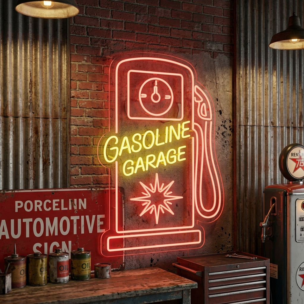 Lifestyle mockup showing the Retro Fuel Pump Gasoline Garage neon sign glowing on a wall.