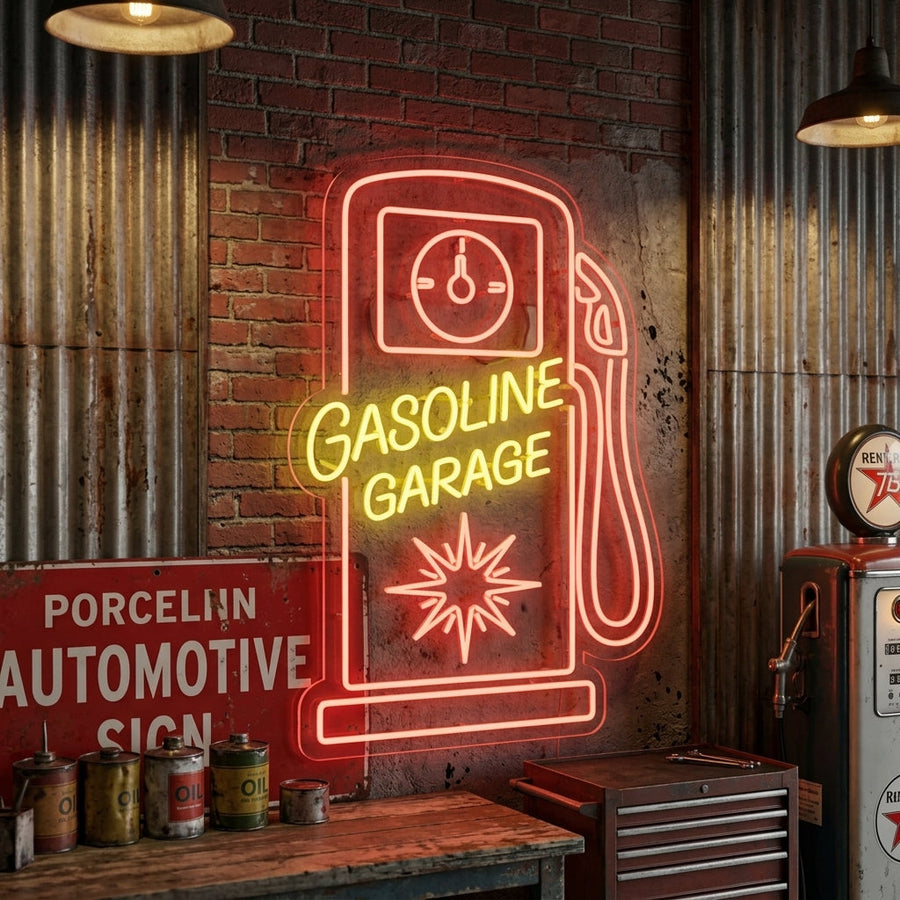 Lifestyle mockup showing the Retro Fuel Pump Gasoline Garage neon sign glowing on a wall.