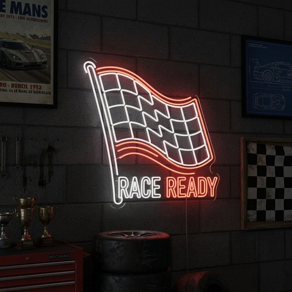 A lifestyle mockup showing the Race Ready with Checkered Flag neon sign illuminated on a brick wall in a garage setting.