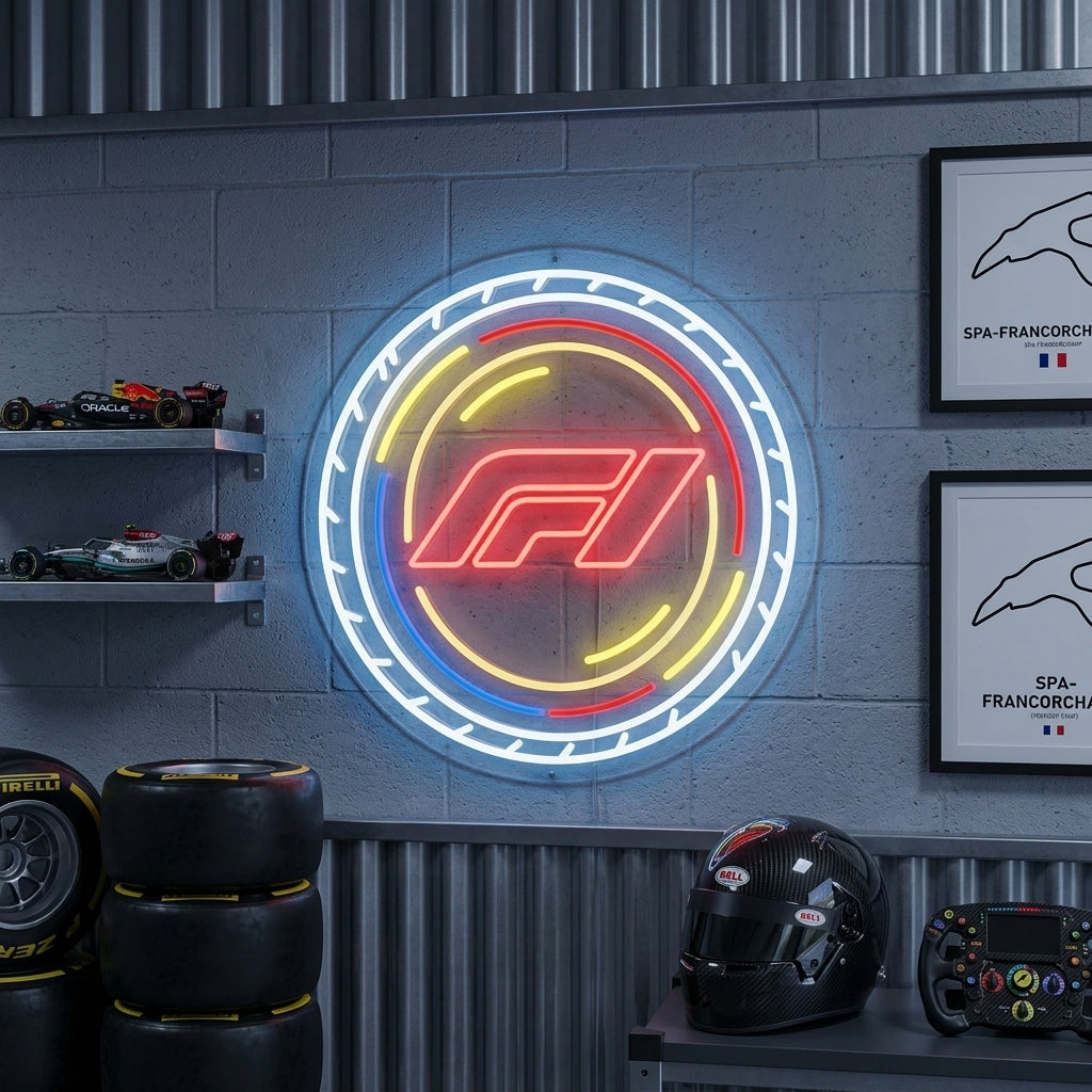 AI generated lifestyle mockup showing the F1 Logo With Circular neon sign illuminating a modern room.