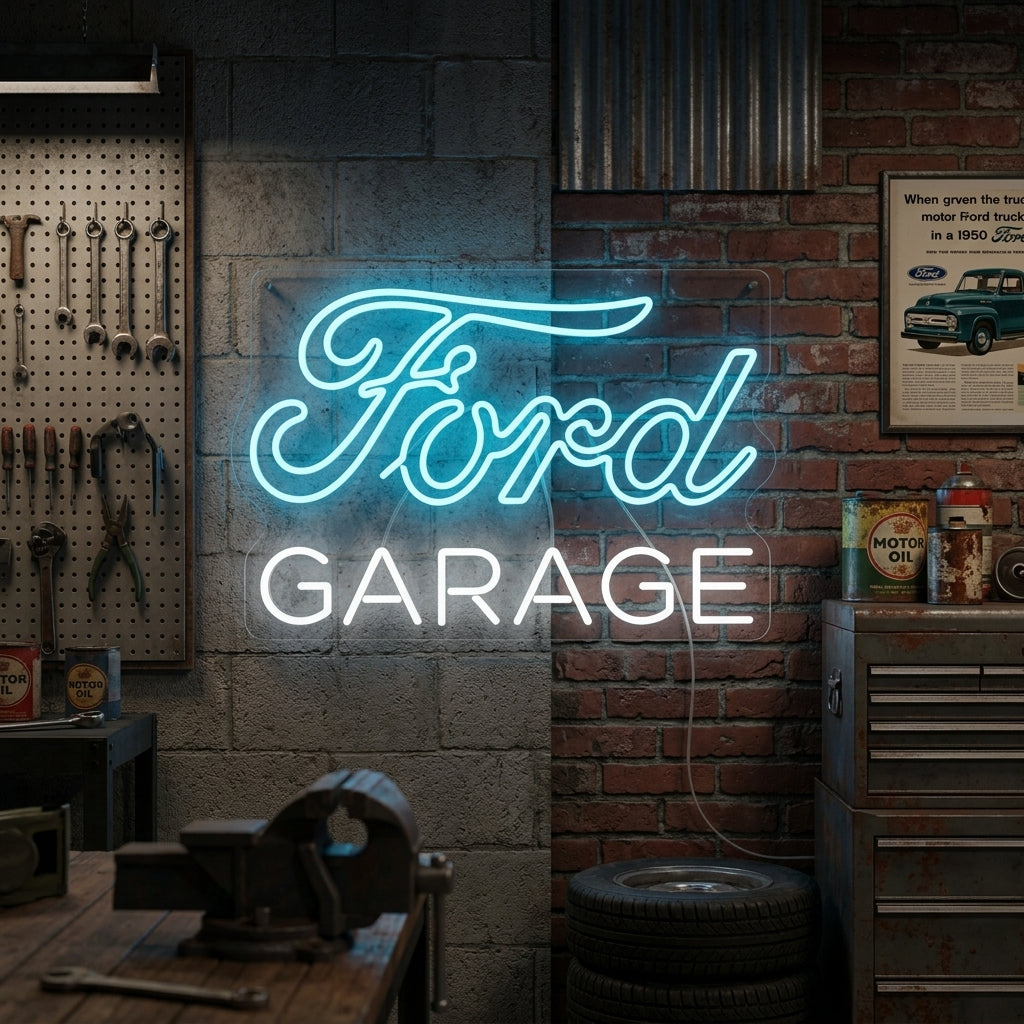 A glowing 'Ford Garage' neon sign styled in a detailed, retro-themed garage setting with automotive decor.