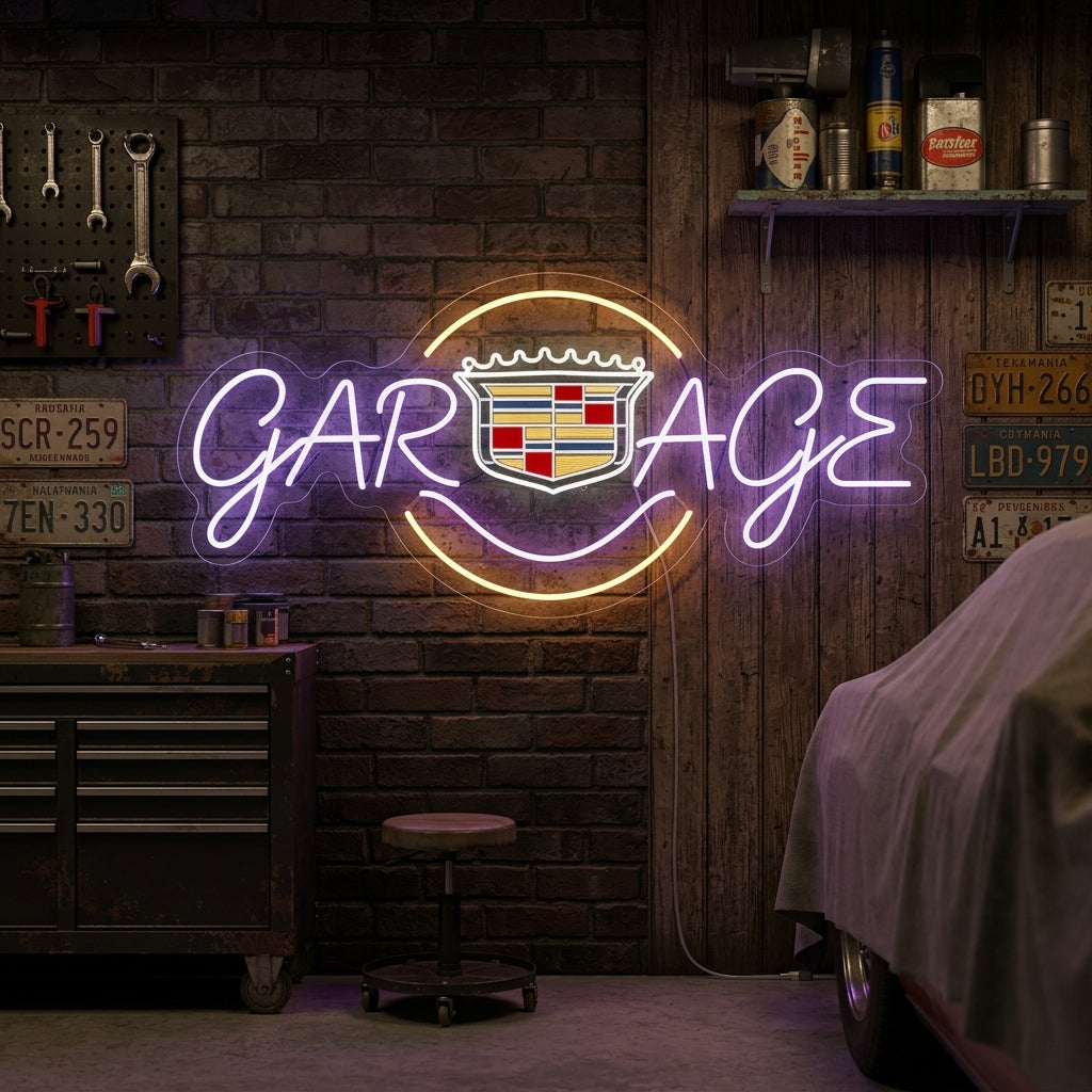A lifestyle photo showing the illuminated Cadillac Garage neon sign on a textured brick wall in a rustic, well-lit garage setting.