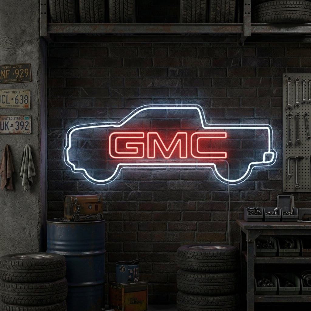 A glowing GMC Truck neon sign featuring the GMC logo in red and a yellow pickup truck outline, mounted on a rustic wood wall in a well-organized garage setting with tools and a tire visible.