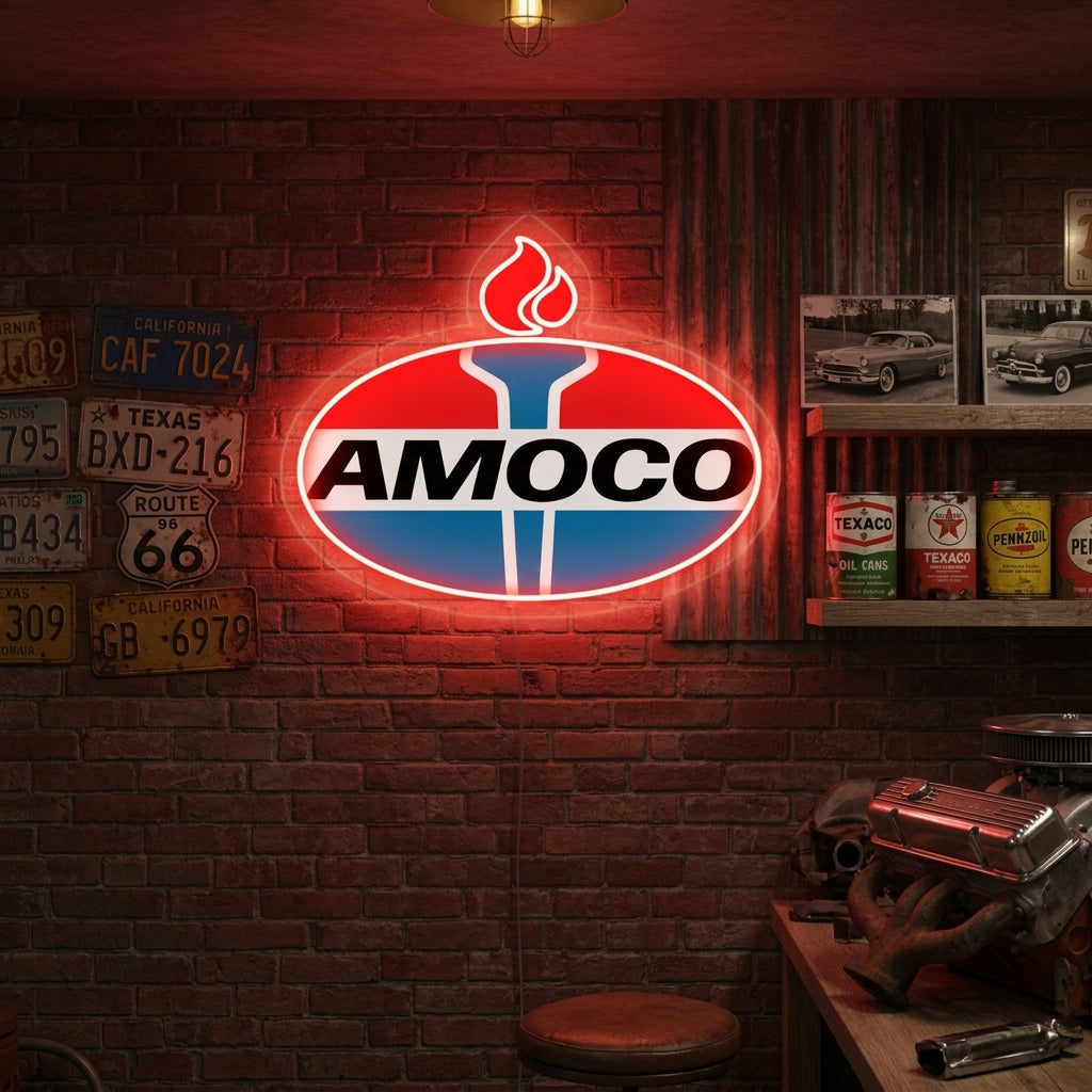 A lifestyle mockup showing the Retro Gas Station Logo Neon Sign glowing in a dimly lit garage setting, illuminating vintage tools and memorabilia.