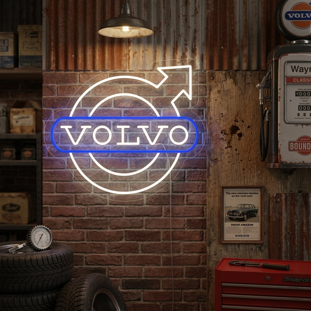 A stylish garage interior at dusk with a glowing blue and white Volvo Circle Logo neon sign mounted above a workbench.