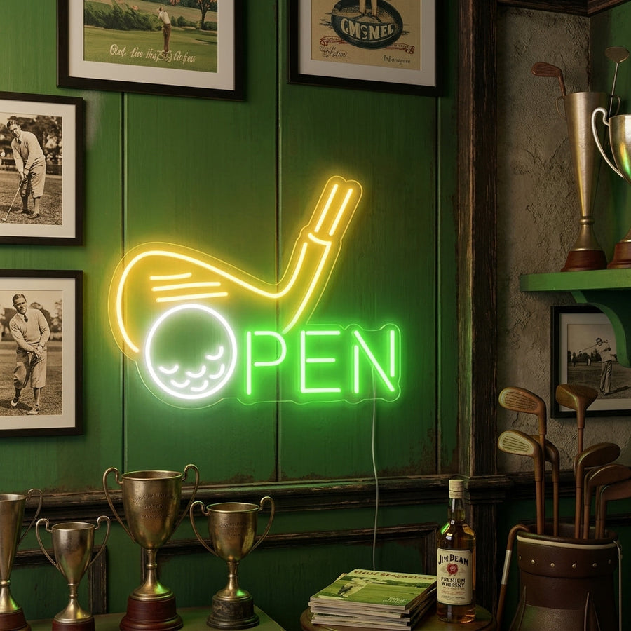 A photorealistic lifestyle mockup of the illuminated 'Golf Open' neon sign mounted in a cozy, golf-themed home bar setting.