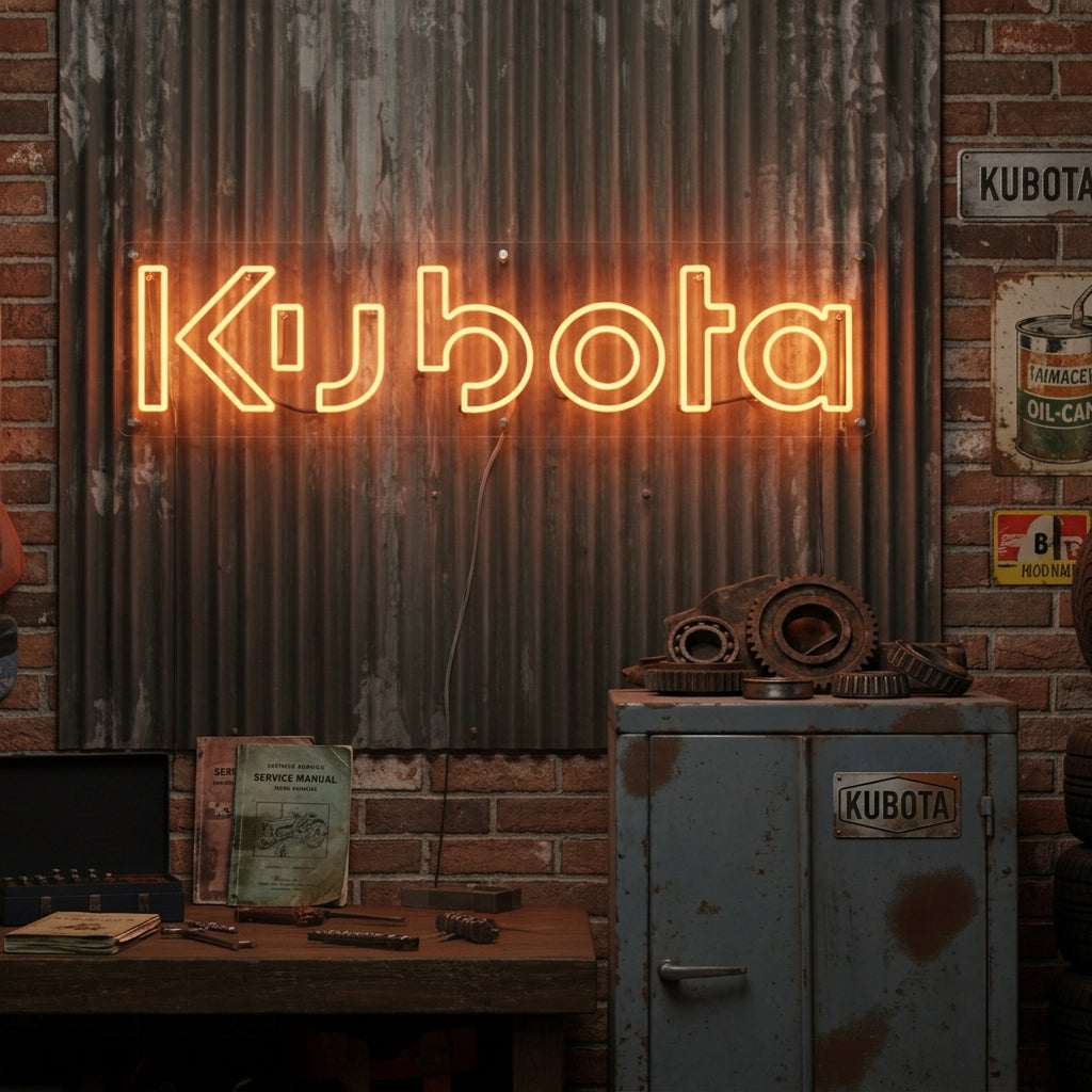 Orange glowing Kubota neon wordmark sign mounted on a textured, industrial-style wall in a rustic garage workshop setting, illuminating surrounding tools.