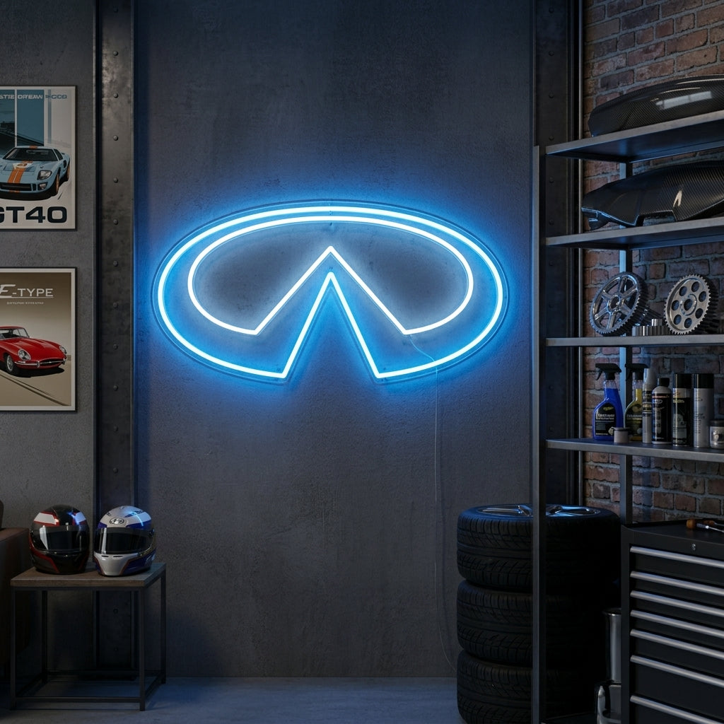 A custom Infiniti logo neon sign glowing in blue light, mounted on a garage wall next to a tool chest and a modern sports car. Mockup generated by AI.