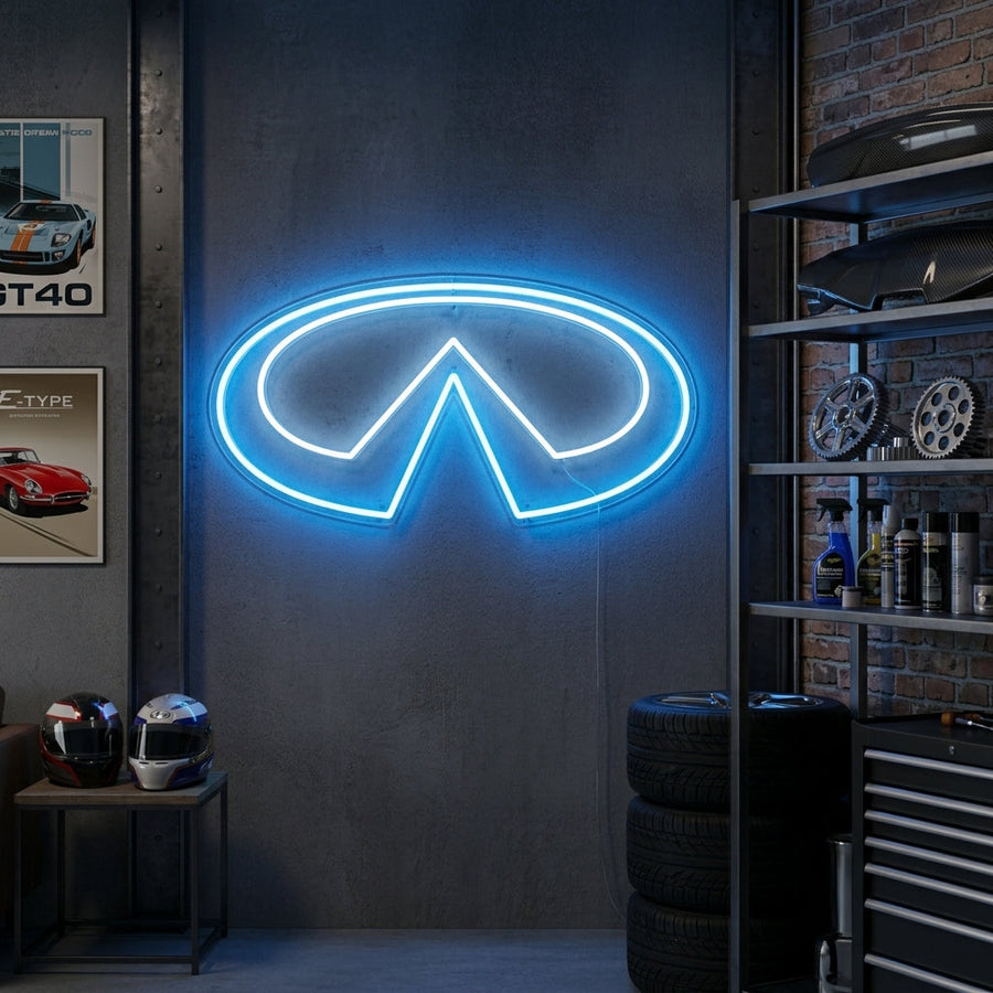 A custom Infiniti logo neon sign glowing in blue light, mounted on a garage wall next to a tool chest and a modern sports car. Mockup generated by AI.