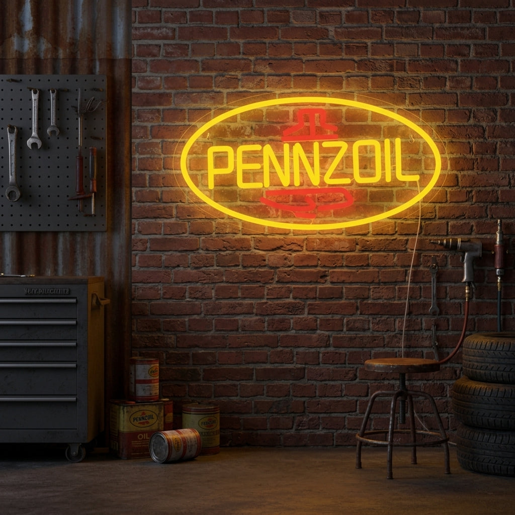 A glowing Pennzoil neon sign illuminates a decorated home garage with exposed brick, classic car memorabilia, and a motorcycle, creating a warm, retro vibe.